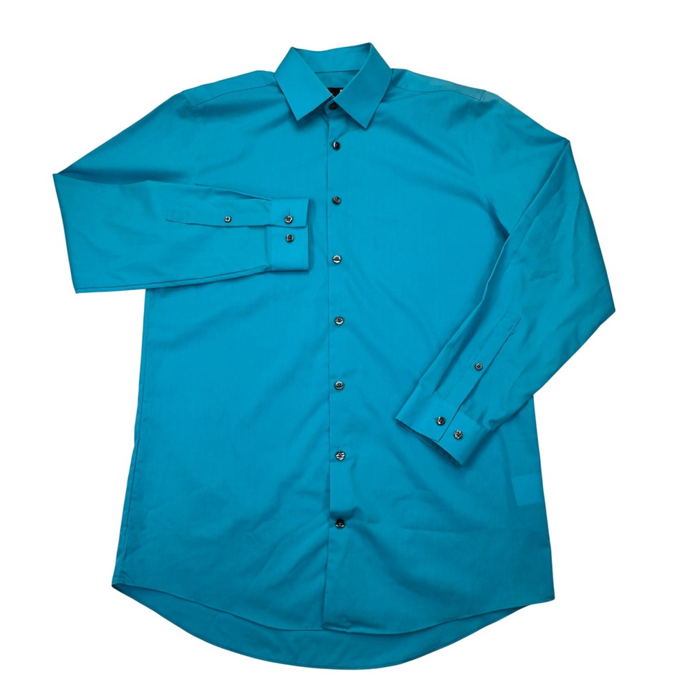 J. Ferrar Mens Slim Fit Dress Shirt Turquoise Blue Long Sleeve Size M 15-15.5